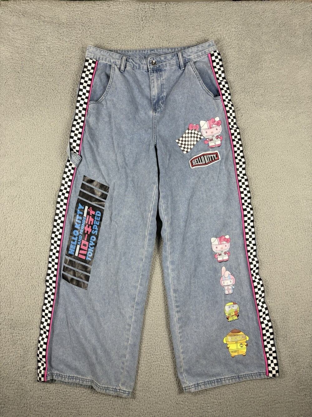 Hello Kitty Racing Team Jeans Women’s 13 Blue Wide Leg Baggy Tokyo Speed Check